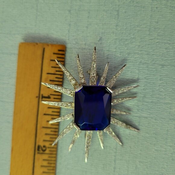 Vintage Silver Starburst Brooch Pin With Deep Blue Glass Gem & Clear Rhinestones - Picture 10 of 10
